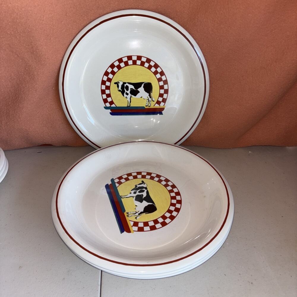 4 Century Stoneware Fannies Farm Cow Design 10.5" Dinner Plates EUC